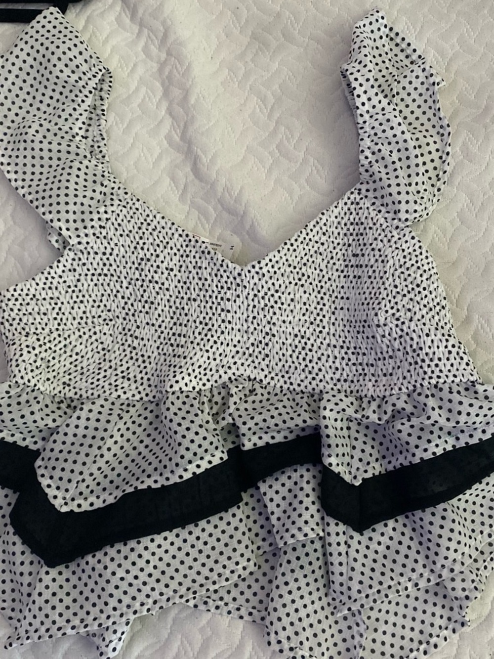Indigo White Top with Black Polka Dot Trim